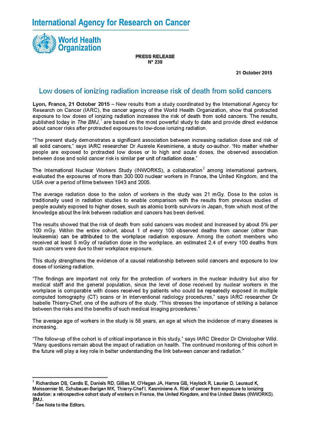 低剂量电离辐射增加实体癌症的死亡风险（IARC）A